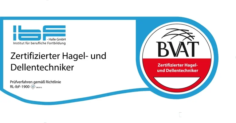 Vom BVAT & IbF-Halle geprüfter Hagel- und Dellentechniker – Be Smart Stuttgart Offizielle BVAT Prüfungssiegel, zertifizierten Hagel- und Dellentechniker, Kooperation mit IbF-Halle für den Fachbetrieb Be Smart Stuttgart.