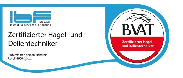 Vom BVAT & IbF-Halle geprüfter Hagel- und Dellentechniker – Be Smart Stuttgart Offizielle BVAT Prüfungssiegel, zertifizierten Hagel- und Dellentechniker, Kooperation mit IbF-Halle für den Fachbetrieb Be Smart Stuttgart.