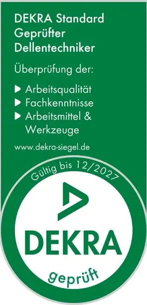 DEKRA Standard Geprüfter Dellentechniker – Be Smart Stuttgart Das offizielle grüne, Siegel DEKRA Standard Geprüfter Dellentechniker für den Fachbetrieb Be Smart in Stuttgart.
